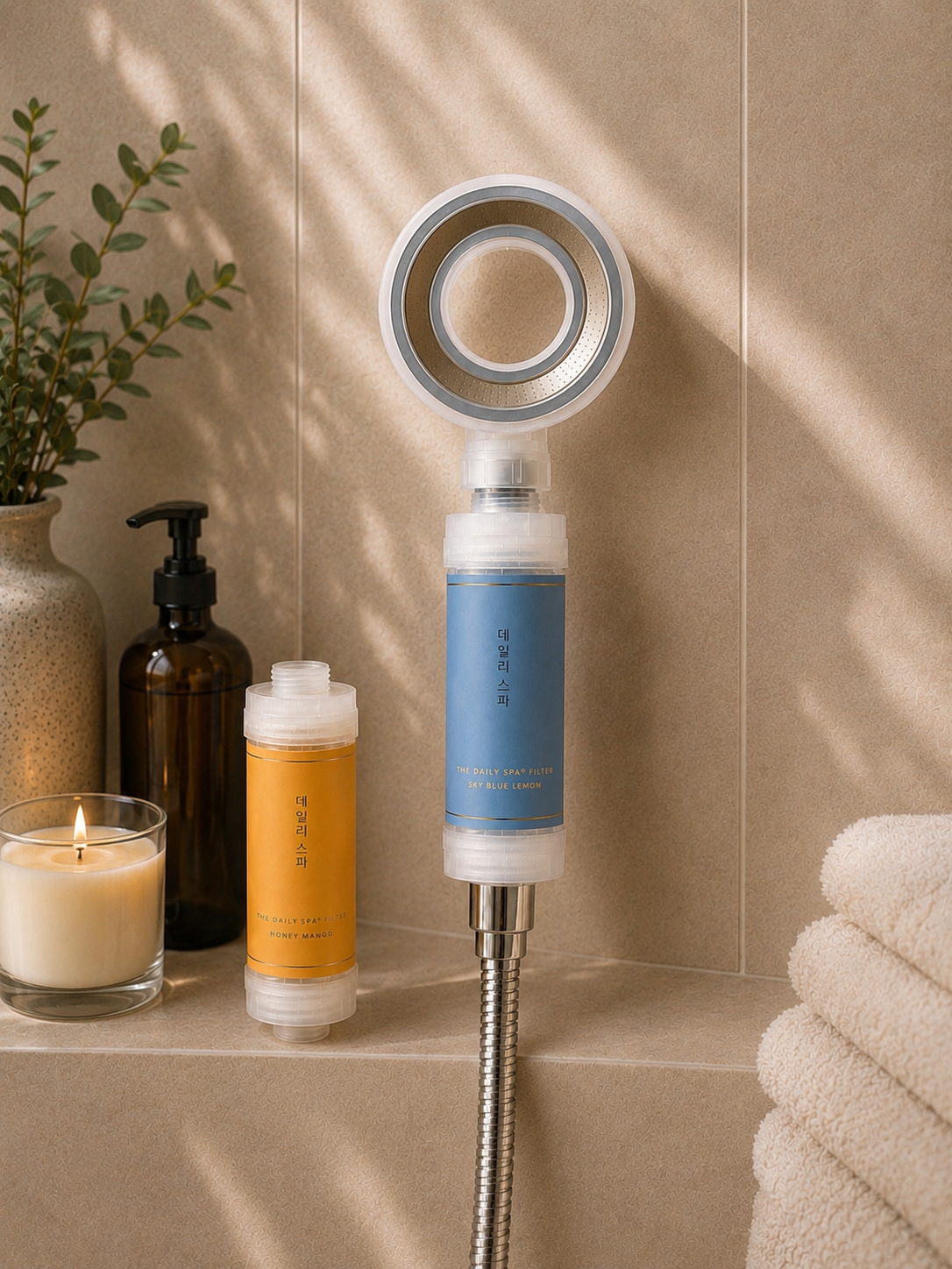Assembled Sky Blue Lemon filter installed on shower hose