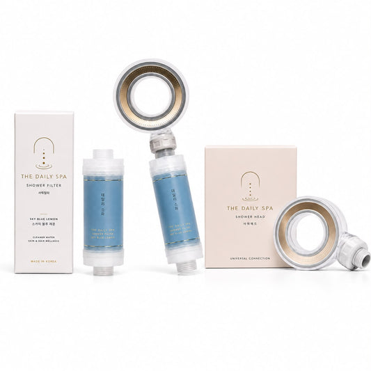 Sky Blue Lemon welcome kit: shower filters, Halo Shower Head and retail boxes