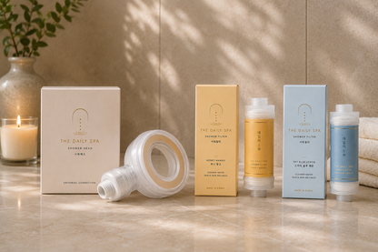 The Daily Spa products arranged on bathroom counter with candles