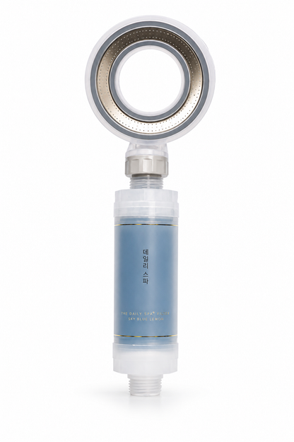Sky Blue Lemon filter attached to shower head, vertical view