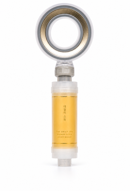 Honey Mango filter attached to shower head, vertical view
