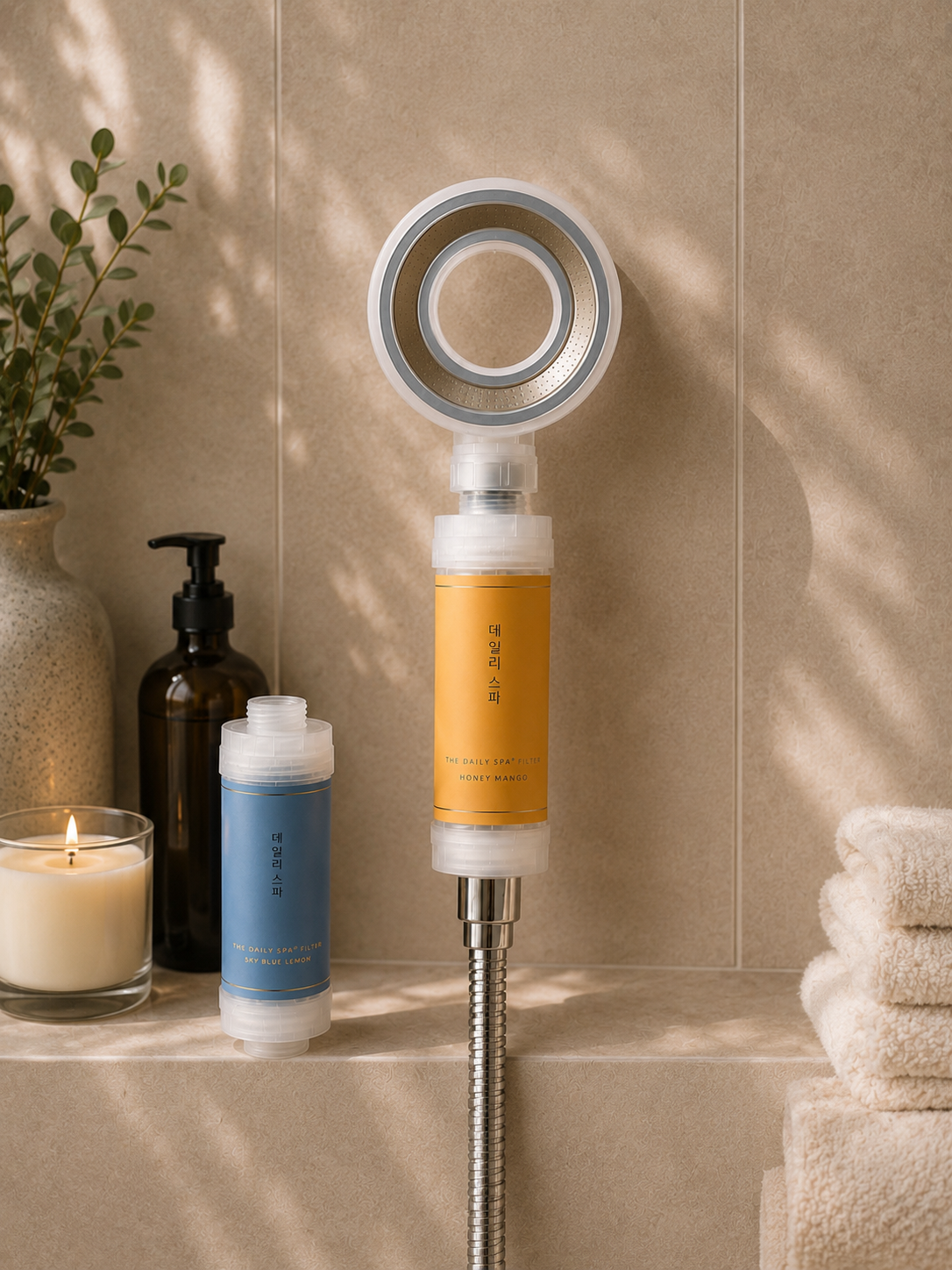 Assembled Honey Mango filter installed on shower hose