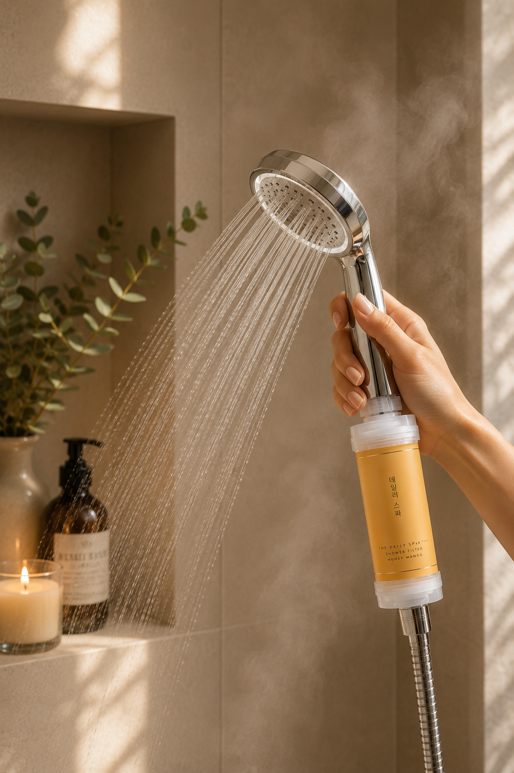 Hand holding shower head with running water