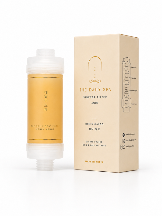 The Daily Spa Honey Mango vitamin C shower filter with its box