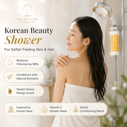 Korean beauty shower: Honey Mango filter and Halo Shower Head in use