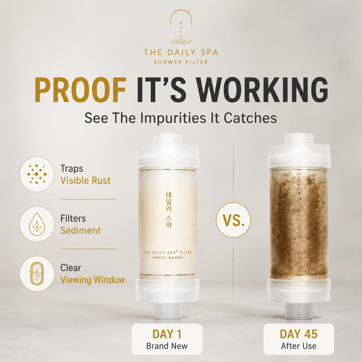 Proof it is working: a new filter next to one after 45 days of showers