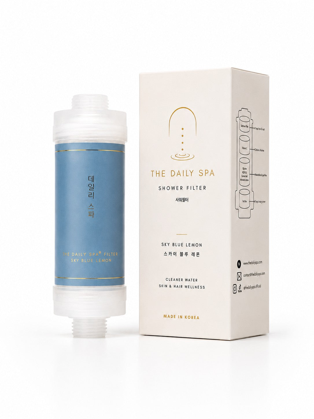 The Daily Spa Sky Blue Lemon vitamin C shower filter with its box