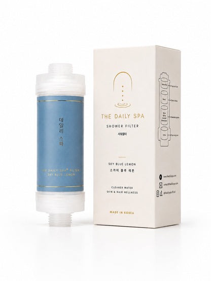 The Daily Spa Sky Blue Lemon vitamin C shower filter with its box